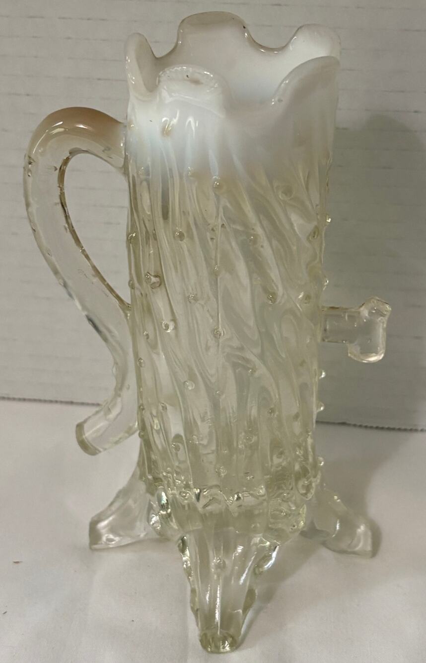 Northwood Manganese Glass Town Pump Vase/Creamer-White/Clear Tree Texture Desig